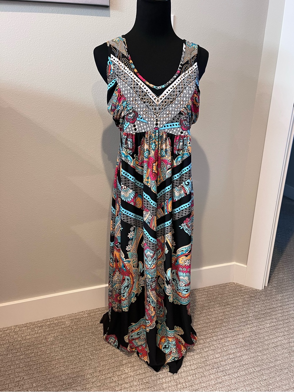 Sleeveless Black Paisley Maxi Dress with Teal & Pink Accents